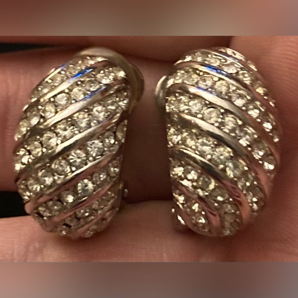 CHRISTIAN DIOR Vintage Silver Crystal Huggie Hoop Clip-On Earrings - Picture 2 of 9